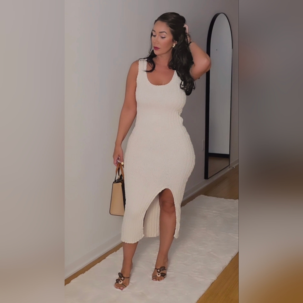 Cream Thick Crochet-Knit Dress